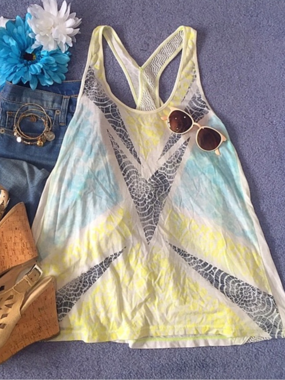 Free People Yellow, Light Blue & Gray Racerback Flowy Tank